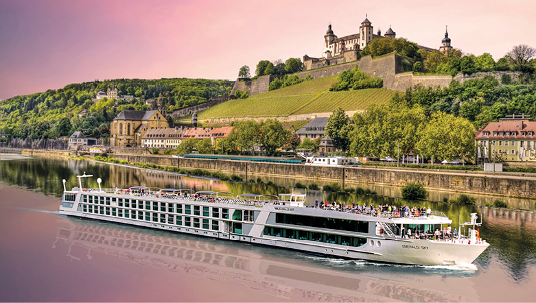 Emerald star-ship sailing past a castle on a large hill