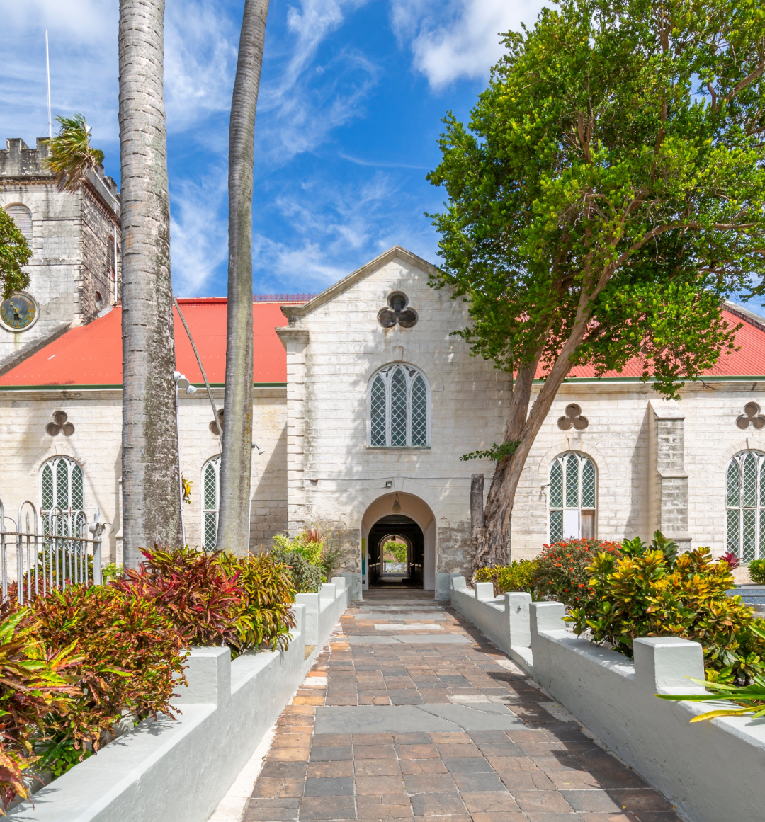 St Michaels Anglican Cathedral in Barbados with orange roof and large front windows