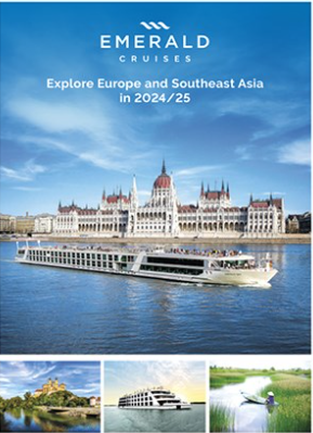 A luxury river cruise brochure featuring multiple images of river cruising. A river cruise ship infront of the hungarian parliament building, the mekong river and a quintessential European town and river on the cover