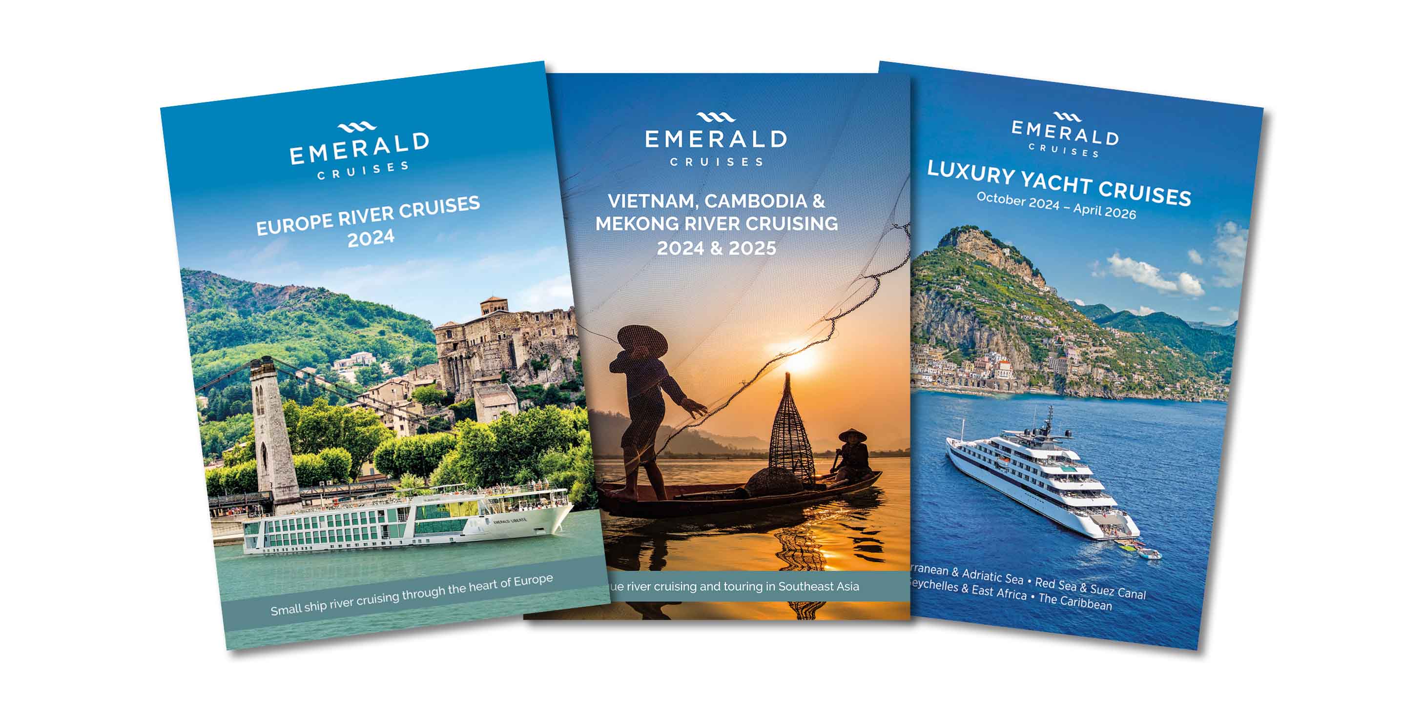 3 brochures spread out next to each other, one for Europe river cruising 2024, one for Southeast Asia river cruising 2024 & 2025, and one for Luxury Yacht Cruises 2023 & 2024