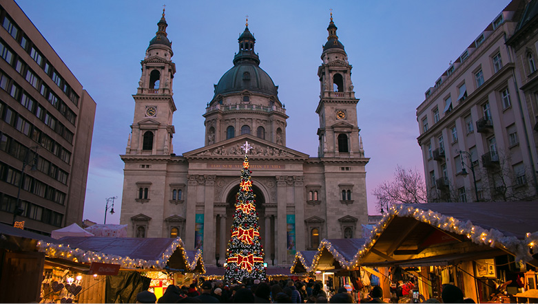 Christmas market at Saint Stephen Basilica square in the centre of Budapest, Hungary