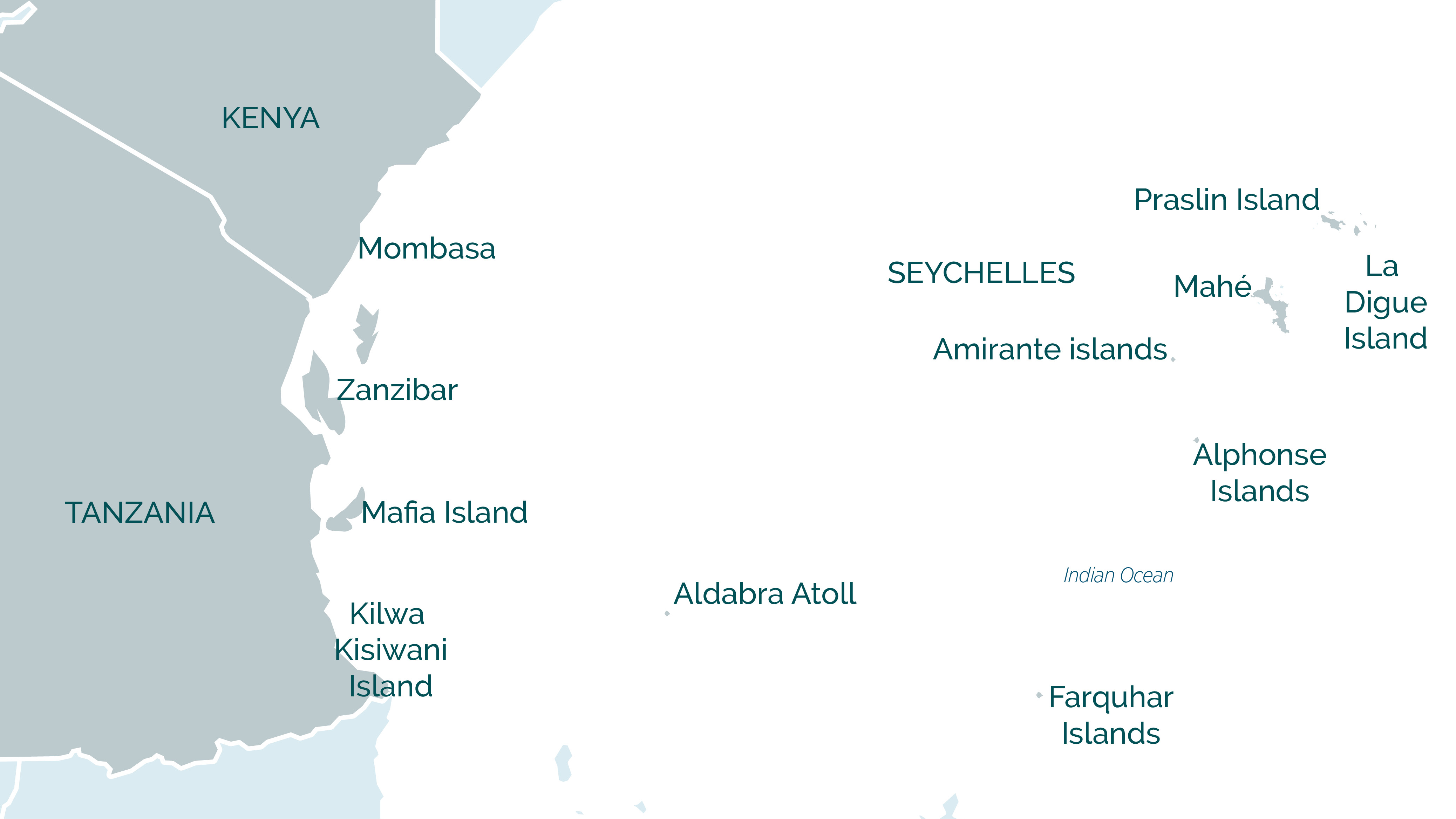 Map of the Seychelles Archipelago, the Indian Ocean and the African Coast including the Farquhar Islands, the Amirante Islands, Kilwa Kisiwani Island, Therese Island, the Alphonse Islands and more.