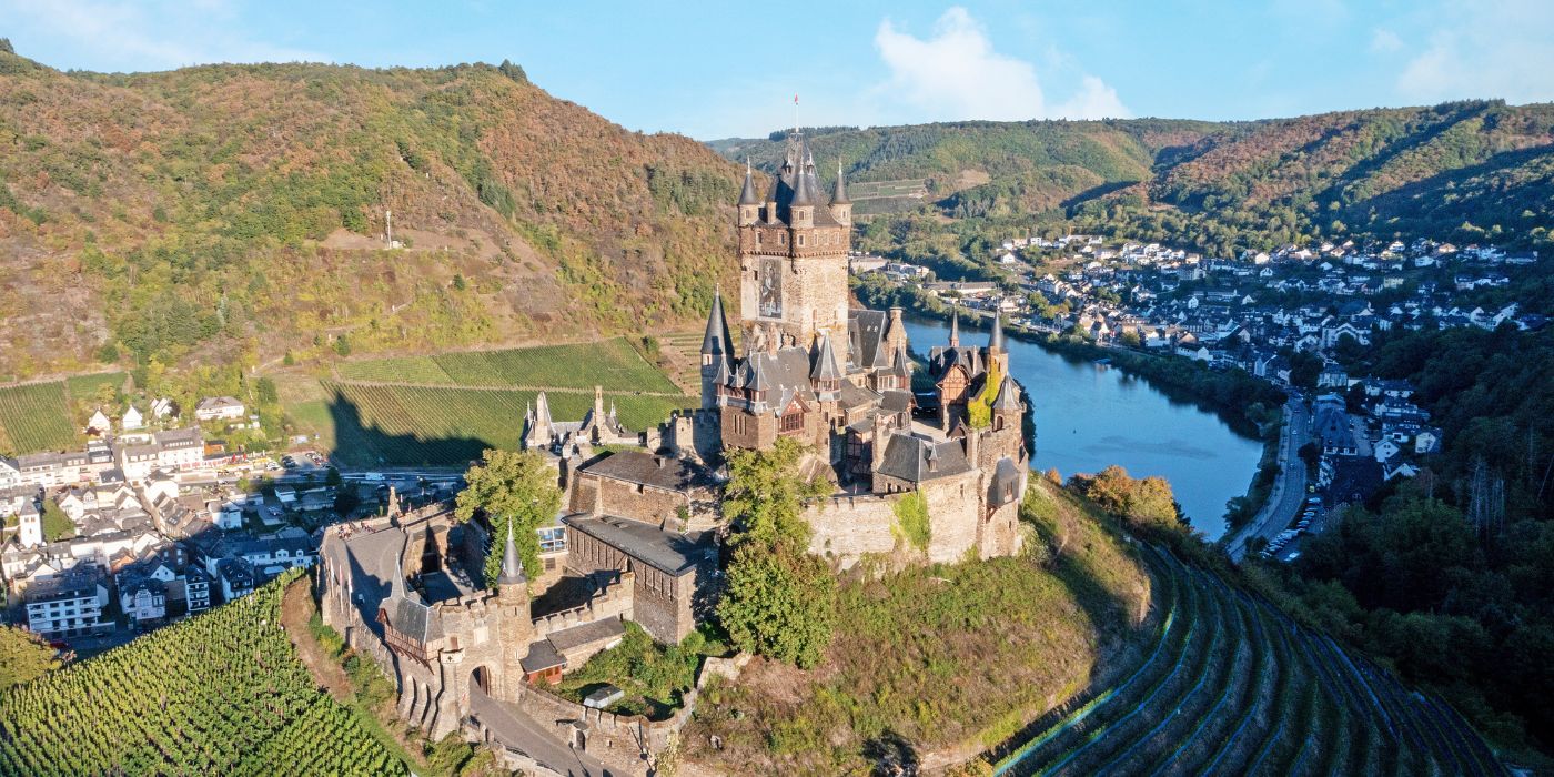 Castle in Cochem prominently set on a hill above the Moselle River