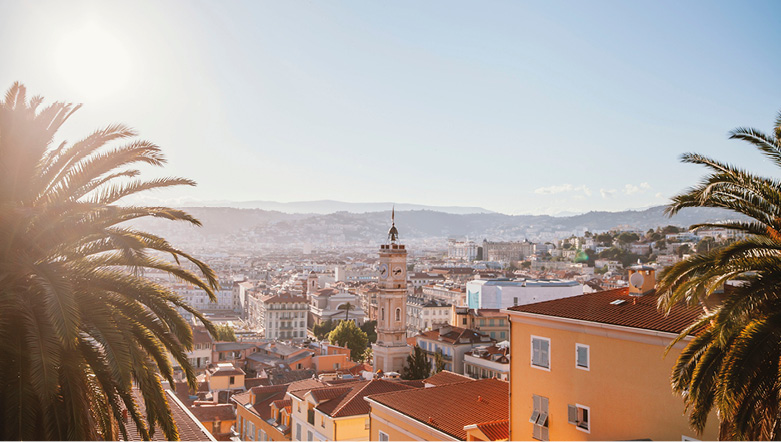 View of Nice, France and its colourful buildings on a bright sunny day