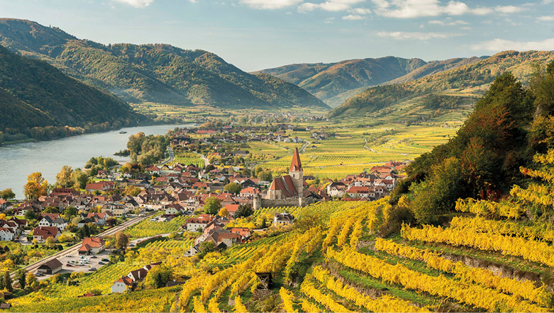 Quaint village nestled amongst the vineyards and lush green mountains in the striking Wachau Valley along the Danube River