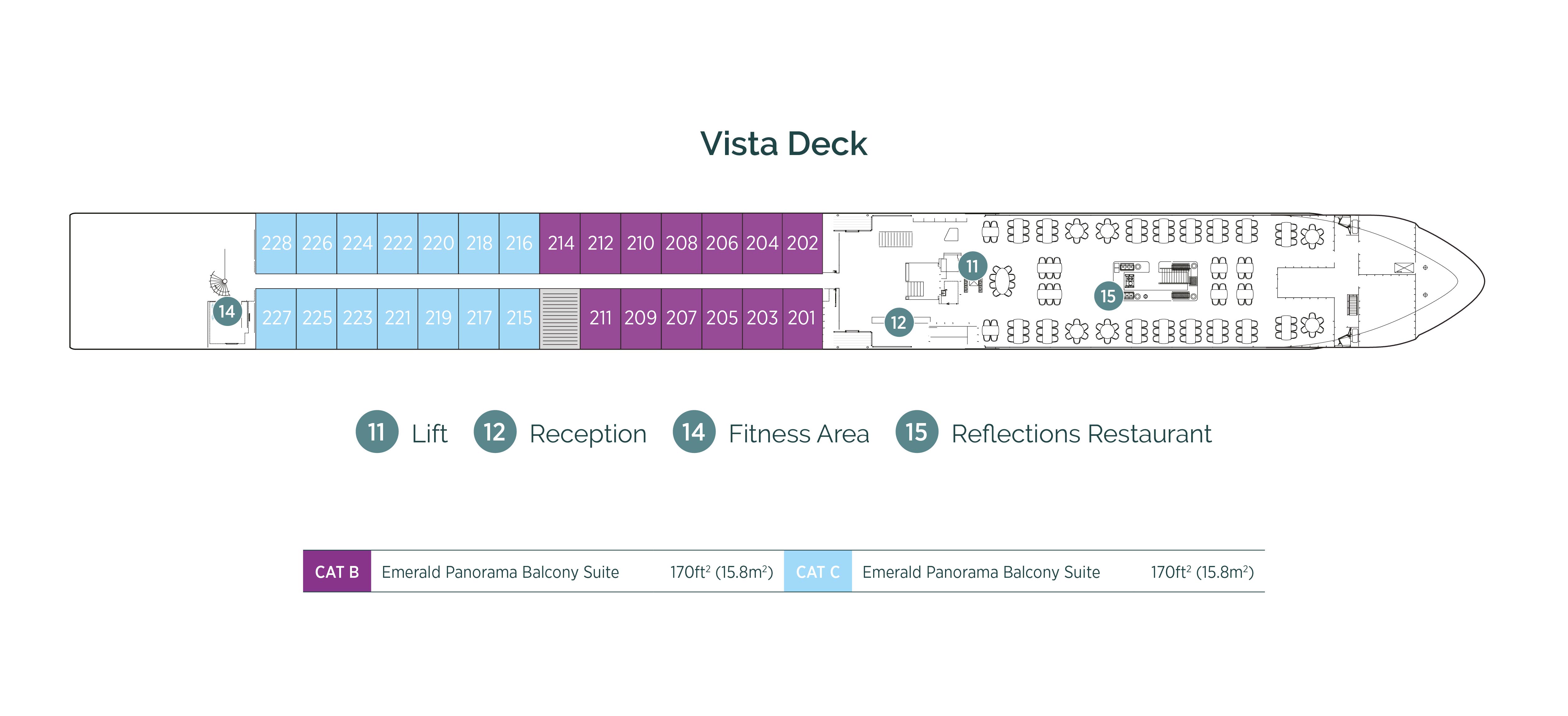 Diagram of ship layout for the Vista Deck of Emerald Cruises’ France river cruising Star-Ship, Emerald Liberté
