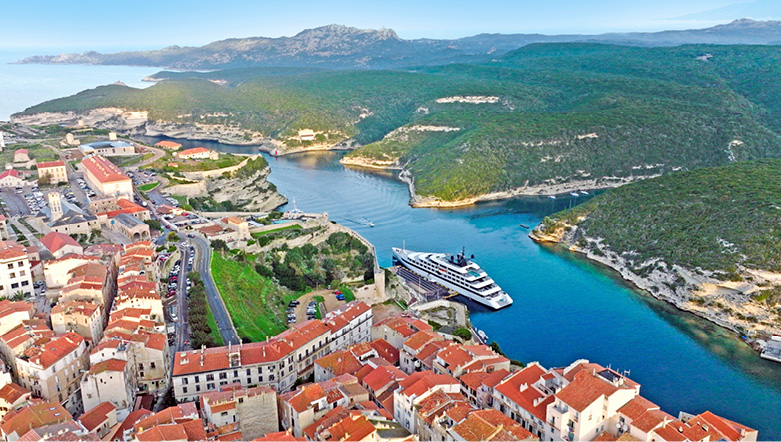 A luxury yacht docked in Bonifacio in Corsica